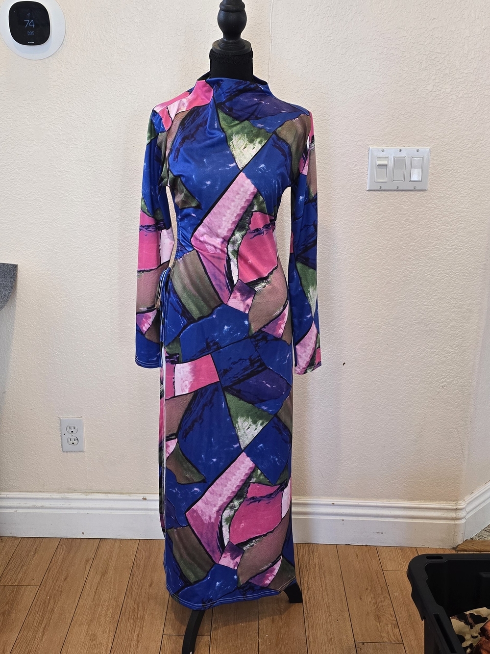 Long Sleeve Abstract Print Maxi Dress in Blue & Pink